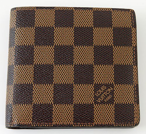 Louis Vuitton Brown Marco Wallet, the coated damier ebene canvas, opening to two bill compartments, one card holder, and a coin pouc...