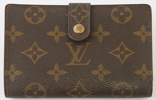 Louis Vuitton Brown French Purse, the coated monogram canvas with a golden brass accent snap, opening to card holder and three bill ...
