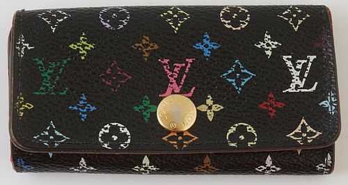 Louis Vuitton Black Murakami Edition 4 Key Holder, the coated canvas multicolor monogram with a golden brass accent snap, opening to...
