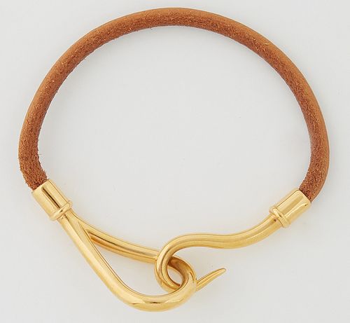 Hermes Jumbo Bracelet, with gold stainless hardware and brown calf leather band, L.- 6 3/4 in.
