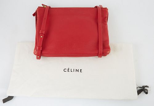 Celine Red Smooth Calf Leather Crossbody Trio Tote, the adjustable strap with brass accents, with two detachable zip pouches that sn...