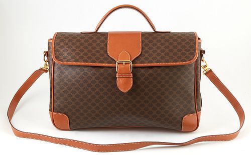 Celine Brown Macadam Coated Canvas Flap Briefcase, the light brown leather strap, handle and accents with golden brass hardware, ope...