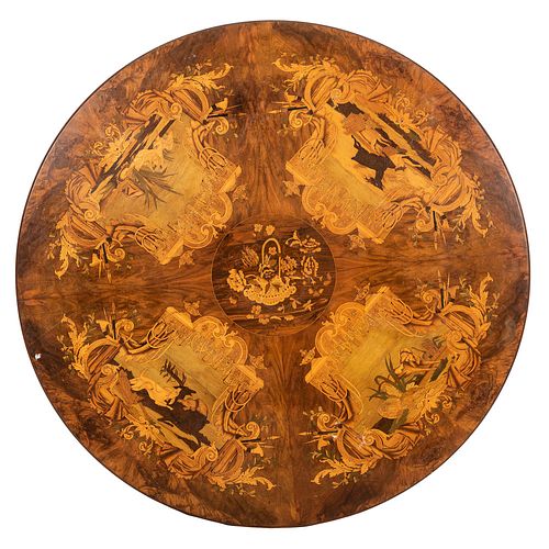 A Continental Inlaid Table with Hunting Scenes
