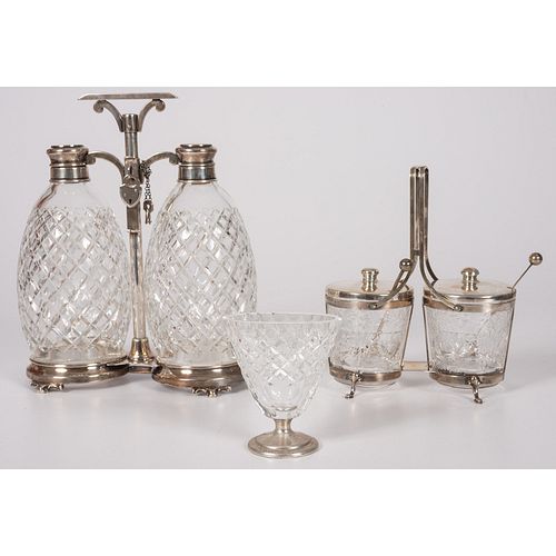 A Hawkes Sterling and Cut Glass Tantalus Set, Condiment Set and Bud Vase