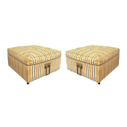 Pair of 1960s Square Ottomans in Casters and Solid Bras