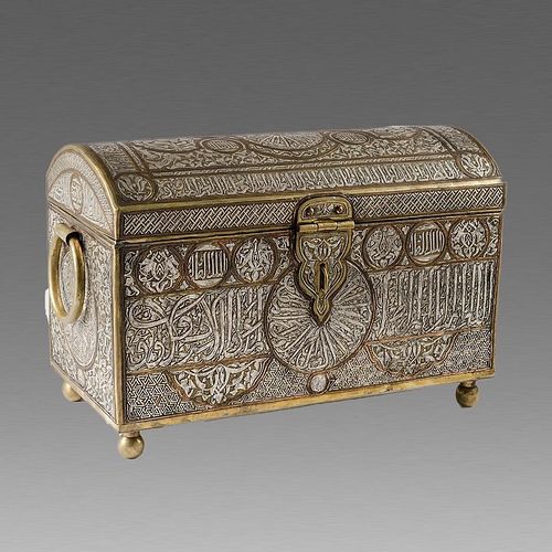 Middle Eastern Islamic Mamluk Revival Silver Inlaid Brass Box. 