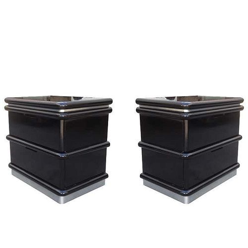 Jay Spectre Nightstands in Black Lacquer & Metal Plinth