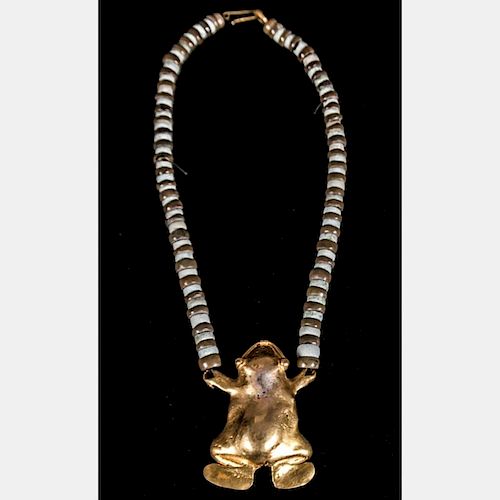A Pre-Columbian Gold Frog Pendant and Beaded Necklace (Costa Rica), 600BC-1600AD.
