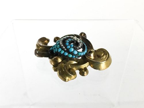 Yellow Gold Brooch With Pearls And Turquoise
