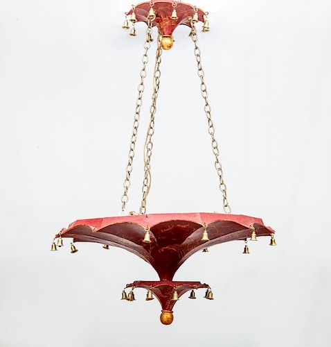Red Painted and Parcel-Gilt Chinoiserie Pagoda-Shaped Chandelier