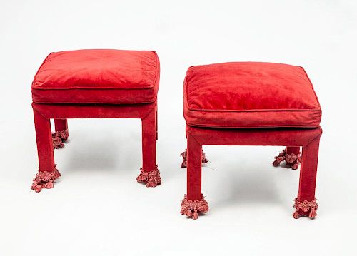 Pair of Baroque Style Burgundy Velvet-Upholstered Stools