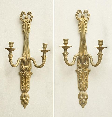Pair of Louis XVI Style Gilt-Metal Two-Light Wall Sconces