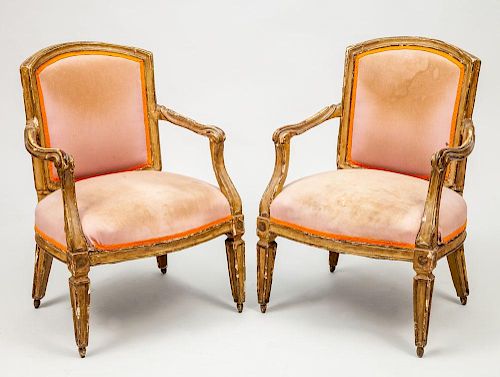 Pair of Italian Neoclassical Style Painted and Parcel-Gilt Armchairs