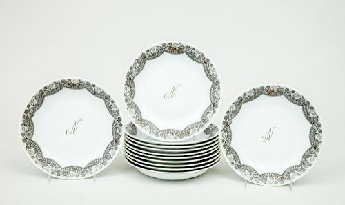 Set of Twelve Limoges Porcelain Monogrammed Soup Plates, Designed by Marcel Rochas