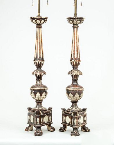 Pair of Italian Baroque Style Painted and Parcel-Gilt Candlestick Lamps