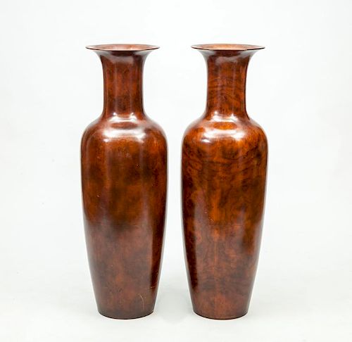 Pair of Burl Veneer Floor Vases
