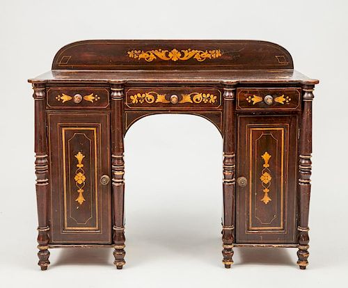American Rosewood Grained and Stenciled Kneehole Writing Table