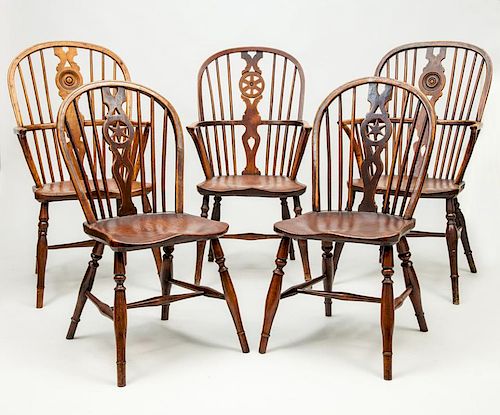 Three Assembled English Elmwood Windsor Armchairs and Two Windsor Side Chairs