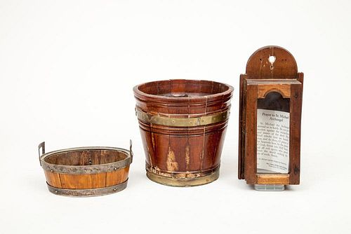 English Small Oval Oak Bucket, a Brass-Banded Pail, and a Small Hanging Vitrine Cabinet