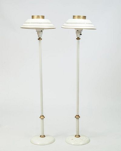 Pair of White Enamel Reeded Floor Lamps