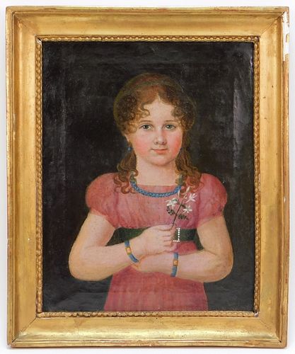 19C American School Young Girl Portrait Painting