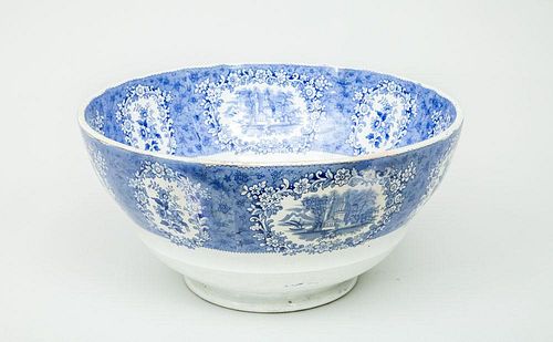 Staffordshire Blue Transfer-Printed Porcelain Punch Bowl