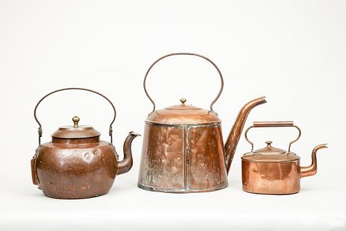 Two Large Round Copper Tea Kettles and an Oval Copper Tea Kettle