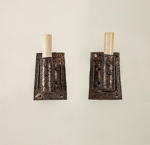 Pair of Arts and Crafts Hammered Copper Single-Light Wall Sconces