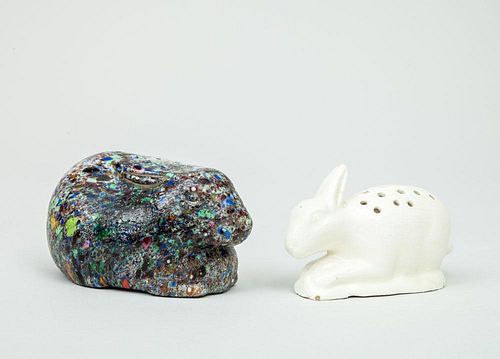 Ivory-Glazed Pottery Rabbit-Form Toothpick Holder and an End-of-the-Day Glass Rabbit Figure