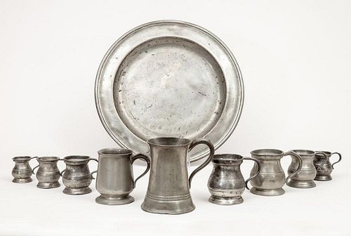 English Pewter Circular Platter and Nine Pewter Mugs