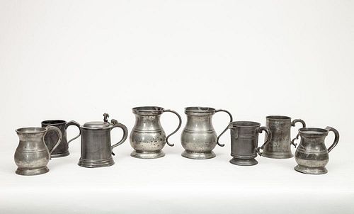 Three English Pewter Mugs, Two Glass-Bottom Mugs, a Cylindrical Mug, Spouted Mug, and a Modern Lidded Tankard