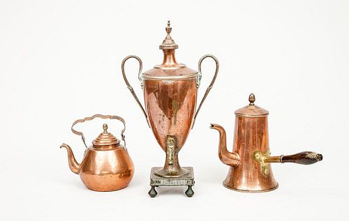 English Copper Hot Water Kettle, a Tea Kettle, and a Wood-Handled Pot
