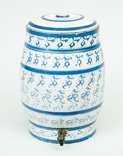 Blue Spongeware Pottery Barrel-Form Dispenser