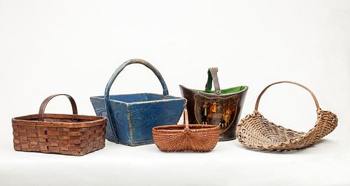 English Painted Leather Pail, a Blue Painted Square Wooden Basket, a Woven Splint Basket, and Two Other Baskets
