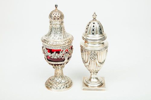 German 800 Silver Goblet and Cover with Ruby Glass Liner, and an American Silver Neoclassical Style Caster