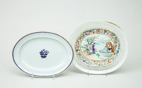 Chinese Export Famille Rose Porcelain Oval Platter and Platter with Fruit Compote