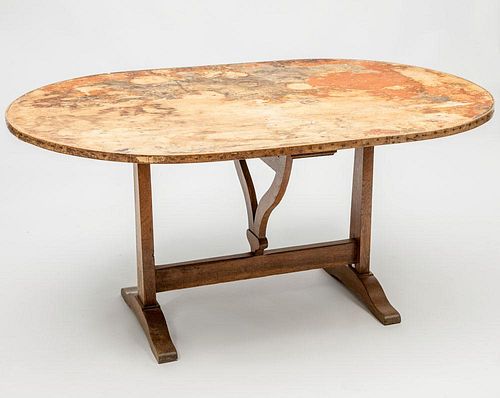 Stained Oak Oval Tilt-Top Trestle Table