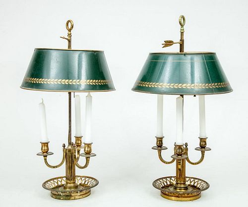 Pair of Louis XVI Style Gilt-Metal Three-Light Bouillotte Lamps