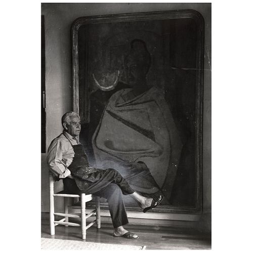 LOLA ÁLVAREZ BRAVO, Rufino Tamayo sentado ante el retrato de Olga (Flores Rivas), Signed on back, Gelatin silver print, 6.8 x 5.1" (17.5 x 13 cm)
