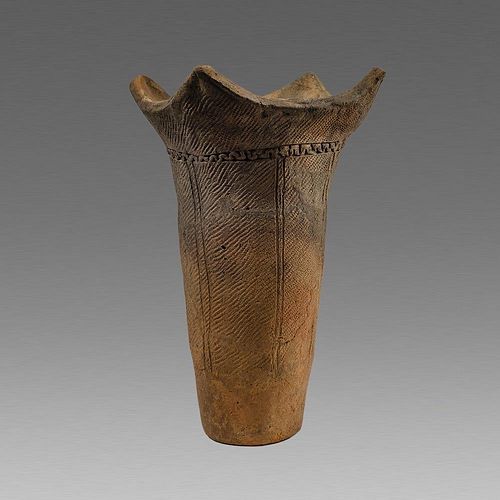 Ancient neolithic Japanese Jomon Vessel ca. 3000-1000 BC. Size 12 inches high x 8 3/4 inches diameter. A large pottery Vase with flared rim, outer sid