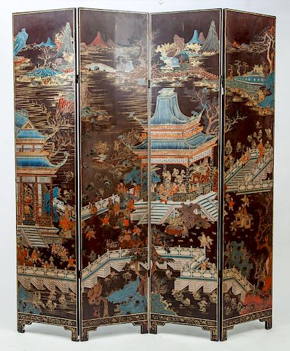 Chinese Black Lacquer Coromandel Four-Panel Screen, 19th Century