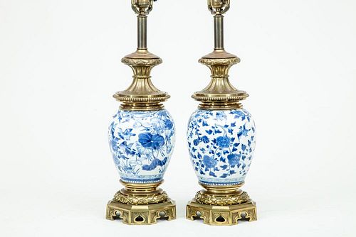 Pair of Gilt-Metal-Mounted Chinese Blue and White Porcelain Vases, Mounted as Lamps