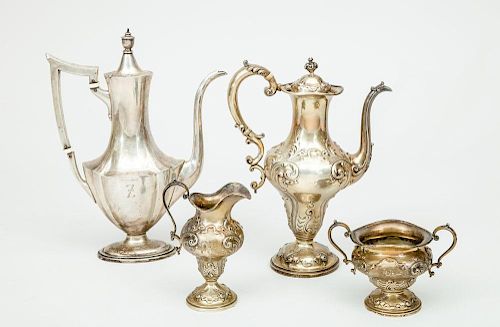 American Silver Repoussé Three-Piece After-Dinner Coffee Service, and a Gorham Monogrammed Silver Coffee Pot