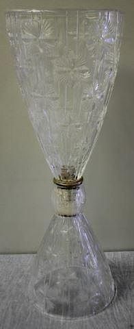 Large Etched Glass Hour Glass Form Vase.