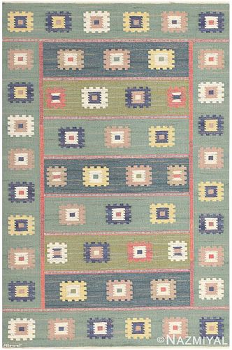 VINTAGE  SWEDISH KILIM ,"GRON ANG " signed 'AB MMF" , 5 ft 7 in x 8 ft 4 in