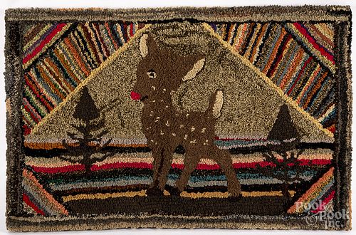 American hooked rug with baby deer