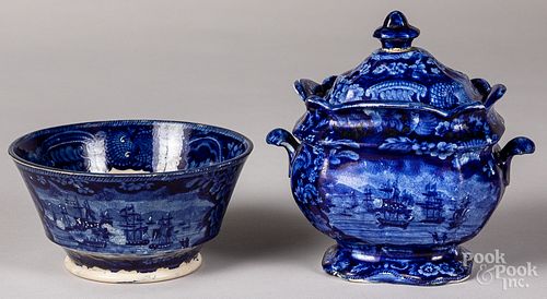 Historical blue Staffordshire waste bowl & sugar