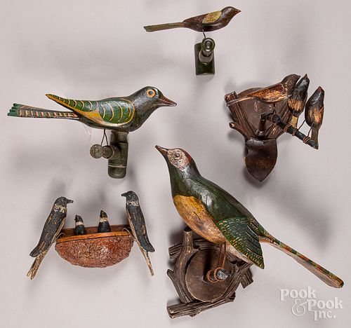 Five carved and painted bird on perch groups