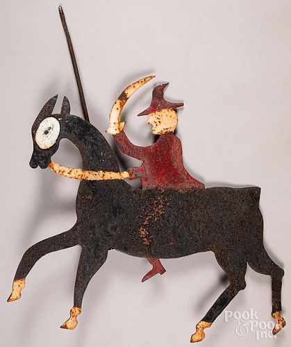 Painted sheet iron horse and rider weathervane