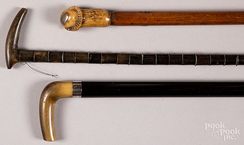 Three horn and antler grip canes.